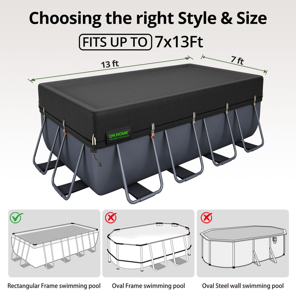QH.HOME 550D 8x16 Ft Rectangular Pool Cover [Upgraded Tear Resistant & Quadruple Windpoof]wth Pre-Installed Winch and Rope,Pool Covers for Above Ground Pools Rectangle-Snug Fit & Waterproof Protection