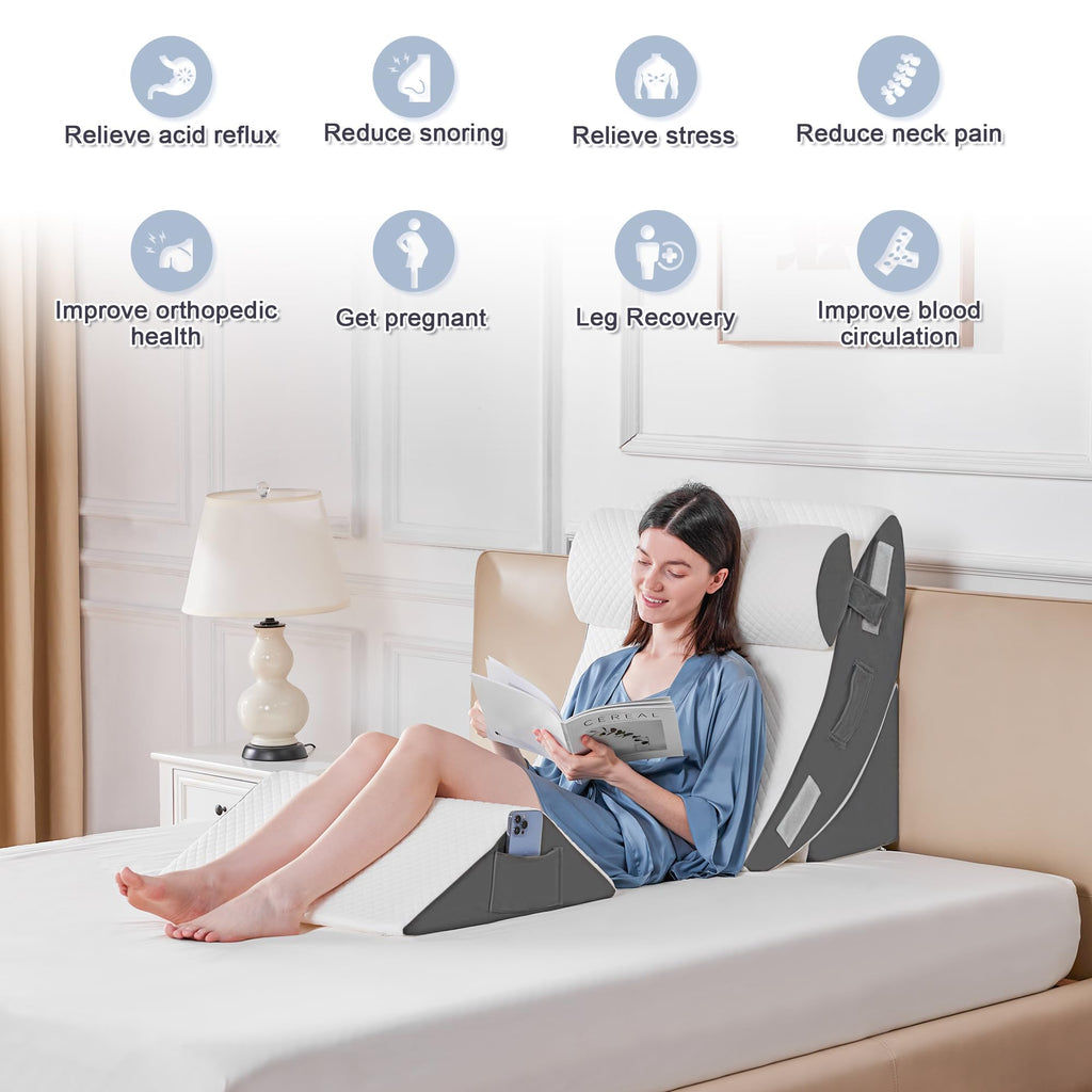 Yojoker 4PCS Orthopedic Bed Wedge Pillow Set for Sleeping, Post Surgery Foam Pillow for Body, Back and Leg Pain Relief, Triangle Adjustable Support Pillow - Acid Reflux Sleeping Pillows