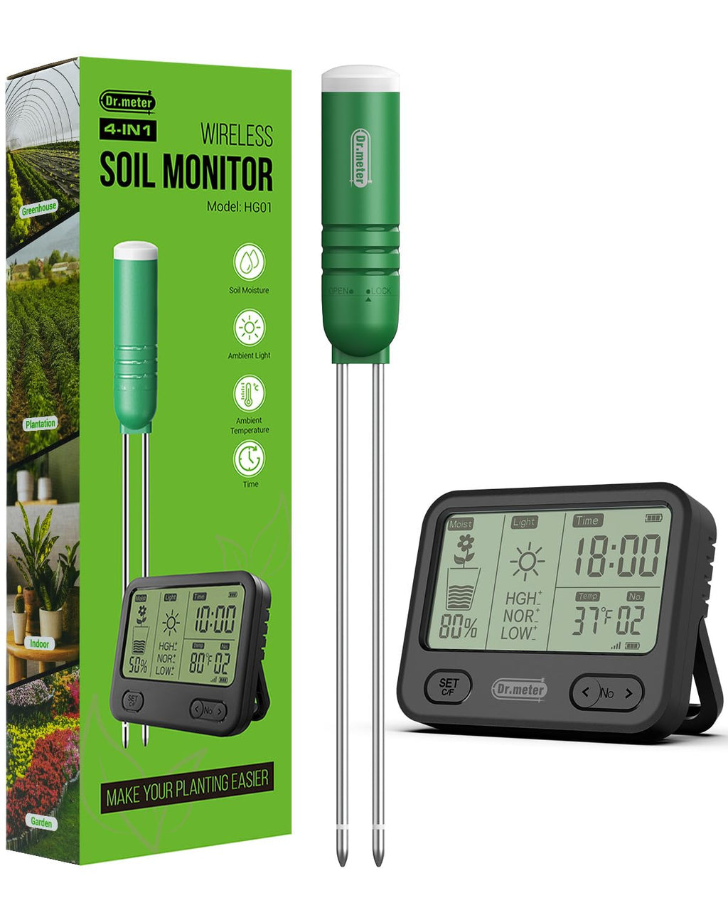 Dr.meter 4-in-1 Soil Moisture Meter 300ft Wireless Soil Tester Sensor