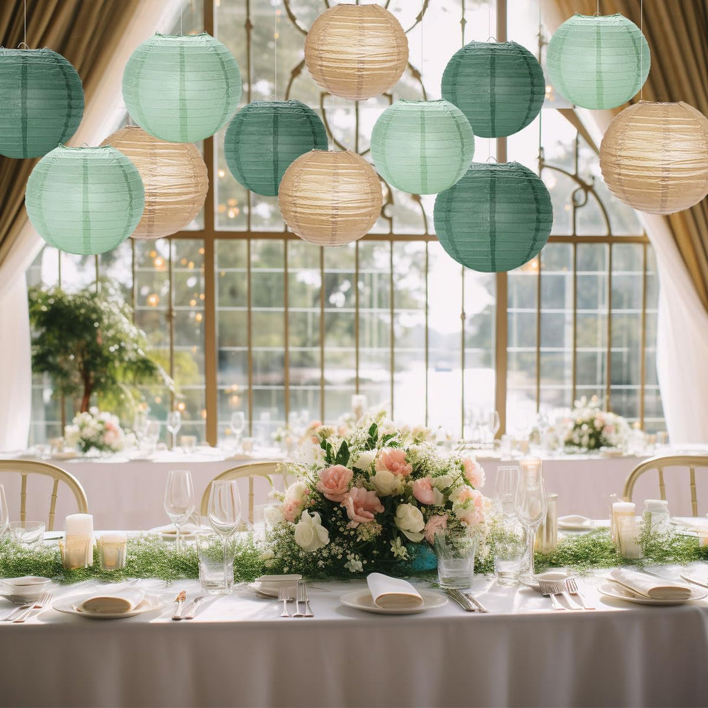 YUNXUAN Paper Lanterns Decorative, Sage Green Forest Tan Hanging Round Chinese Lanterns with Lights for Rustic Party Sage Green Birthday Party 12 LED Light Pack of 12