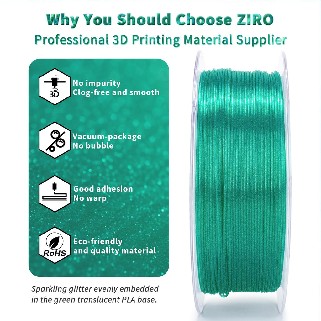 ZIRO PLA Filament 1.75mm, Iridescent PLA Series, Sparkle Glitter with Colorful Base, Twinkling 3D Printing Material,1kg Spool, Dimensional Accuracy +/-0.03mm, Fit Most FDM 3D Printers, Lake Green
