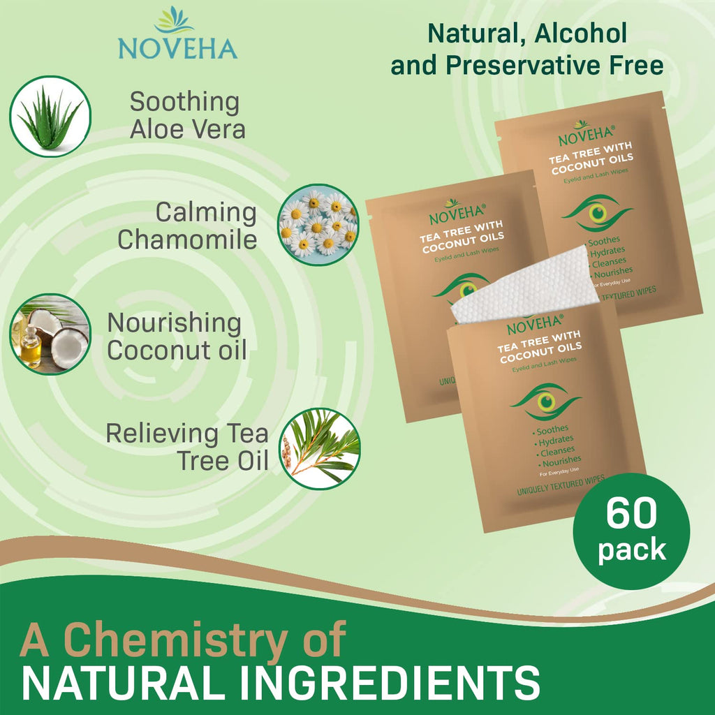 NOVEHA 180PCs Tea Tree & Coconut Oil Eyelid & Lash Wipes | For Demodex, Blepharitis & Itchy Eyes - Effective Eyelash Wipes With Aloe Vera, Natural Makeup Remover & Daily Eye Cleanser - (Pack of 3)