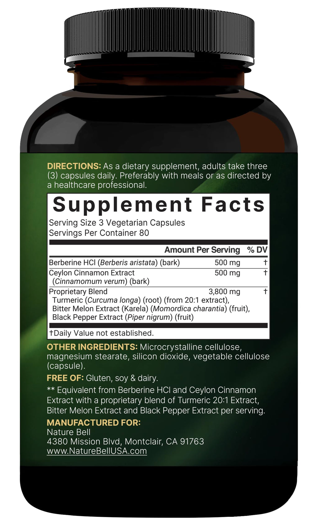 NatureBell Berberine with Ceylon Cinnamon Complex 4,800 mg** Per Serving, 240 Vegetarian Capsules | 5-in-1 Berberine HCl Supplement with Turmeric, Bitter Melon & Black Pepper Extract | Non-GMO
