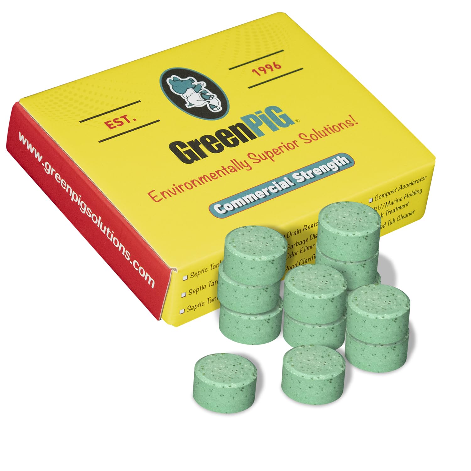 Green Pig Septic Tank Treatment Pucks – Enzyme & Bacteria-Based Treatment for Preventative Septic Maintenance, Helps Reduce Odors & Buildup, 2-Year Supply (12 Pucks)