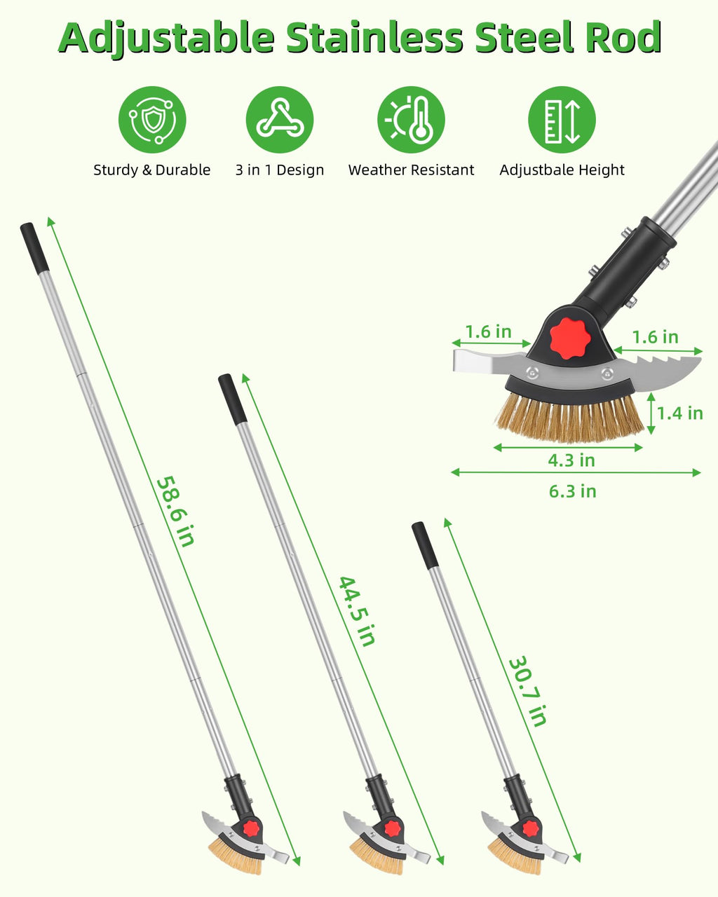 SFTPO 3-in-1 Crack Weeder Long Handle, Adjustable Crevice Weeding Tool with Stainless Steel Weed Brush and 2 Scrapers Weed Puller Tool for Driveway, Sidewalk, Lawn to Remove Weeds Moss Dirt (58.6")