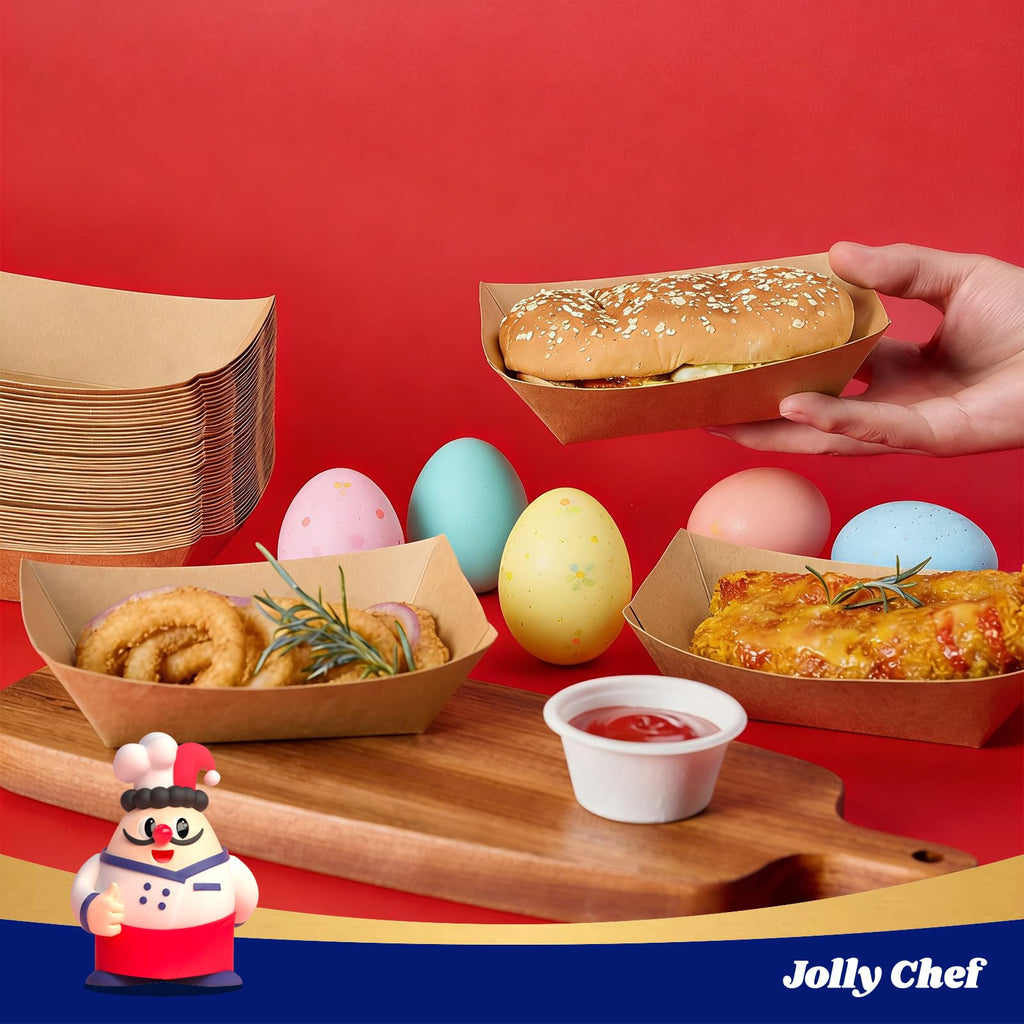 JOLLY CHEF 2lb Paper Food Trays, 250 Pack Disposable Paper Boat, Serving Boats for Gameday, Food Holder Trays for Snacks French Fries Nachos Hot Dog Tacos BBQ Party