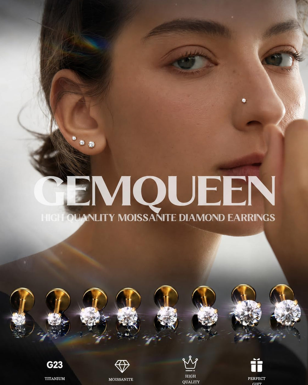 GEMQUEEN 8 PCS Moissanite ＆ G23 Titanium Flat Back Earrings Hypoallergenic