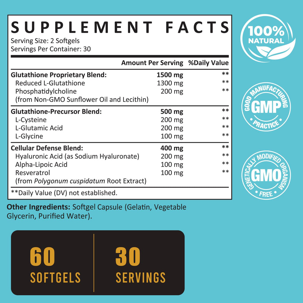 Zeylamum 2400 MG Liposomal Glutathione Softgels, Max Absorption, Active Form L-Glutathione Reduced (GSH), with Hyaluronic Acid, Resveratrol, Master Antioxidants for Brain, Immune System, 60 Softgels