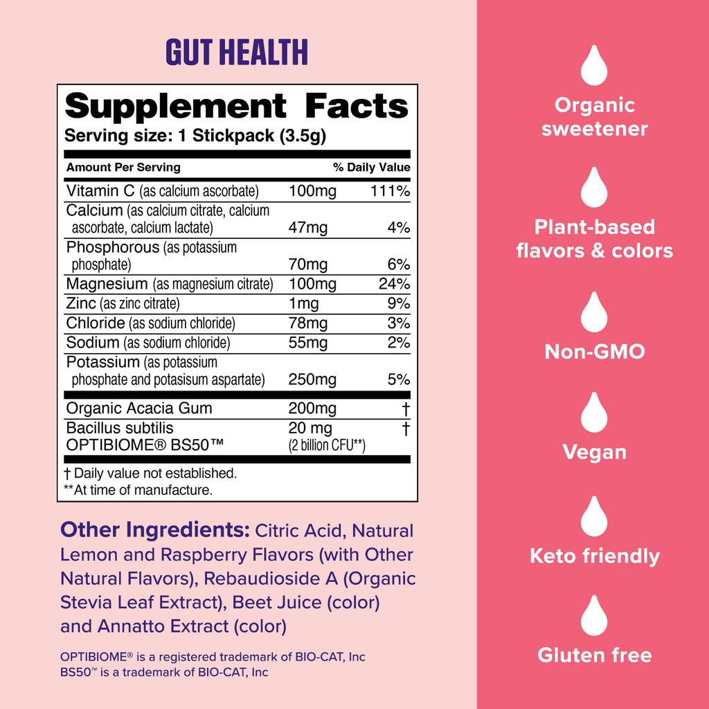 Ultima Replenisher Gut Health Supplement and Electrolytes Powder - Raspberry Lemonade, 14 Stickpacks - Hydration Packets with Added Gut Health Benefits