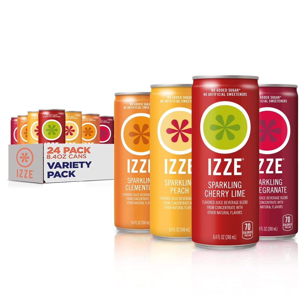 IZZE Sparkling Juice Beverage Blend, Sunset Variety Pack, Clementine, Peach, Cherry Lime, Pomegranate, No Sugar Added, 8.4 Fl Oz (Pack of 24)