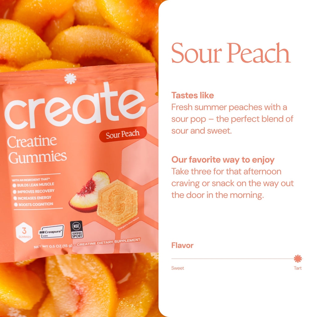 Create Creatine Gummies for Men & Women – NSF Certified, Made with Creapure Creatine Monohydrate, Great Tasting, Anti-Melting Formula, 30ct Standup Pouch, 90 Gummies (Sour Peach)