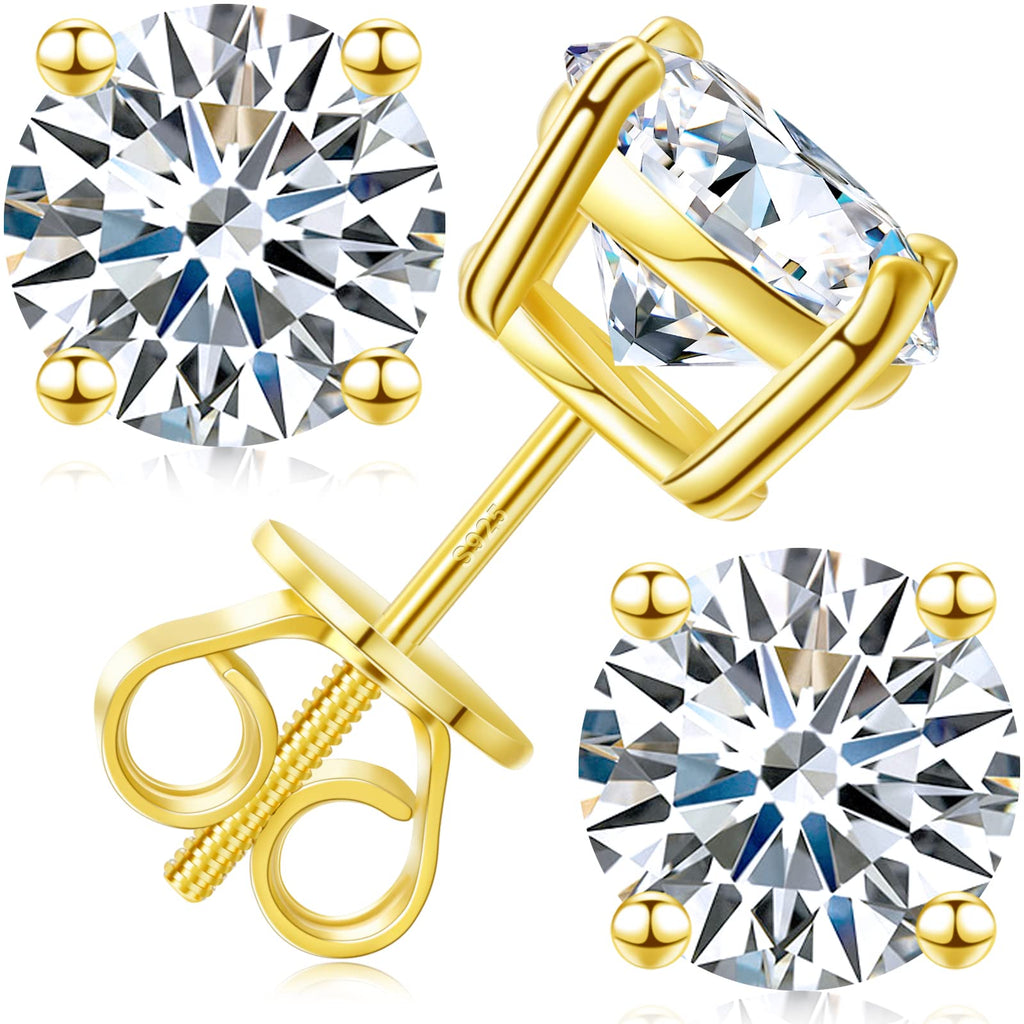 Moissanite Stud Earrings Screw Back 0.2CT 3MM*2 18K Yellow Gold Plated S925 Sterling Silver Round Cut D Color VVS1 Clarity Lab Created Moissanite Earrings for Women Men