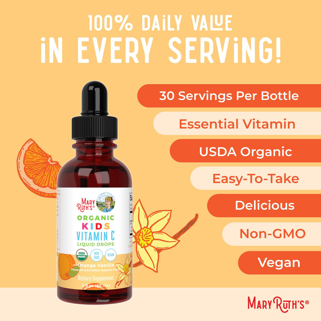 MaryRuth Organics USDA Kids Vitamin C Drops | Vegan Immune Support Supplement for Ages 4-13 | Immune Support & Overall Health | Vitamin C from Organic Acerola Fruit Extract | 2oz