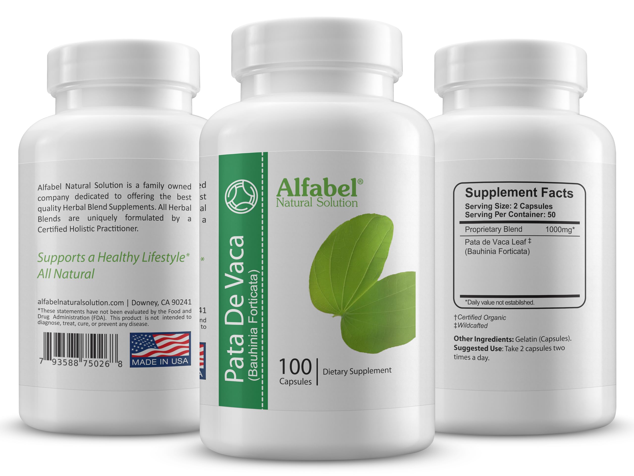 Alfabel Natural Solution Pata de Vaca herb - Cow's Foot Leaves - 100 Capsules - No Fillers