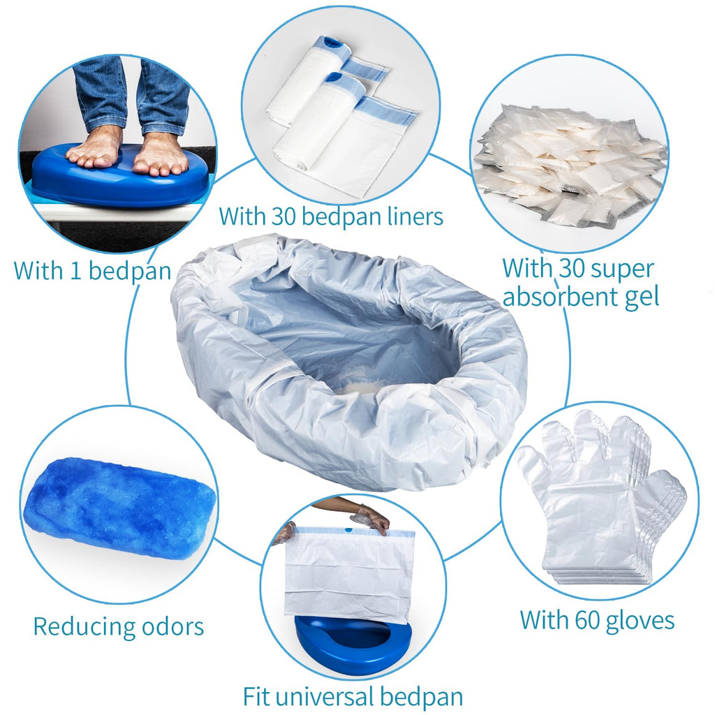 Bedpan Set with 30 Absorbent Pads Gel and 30 Disposable Liners, Bed Pan for Elderly Females Women, Bedpan with Liners for Men Male