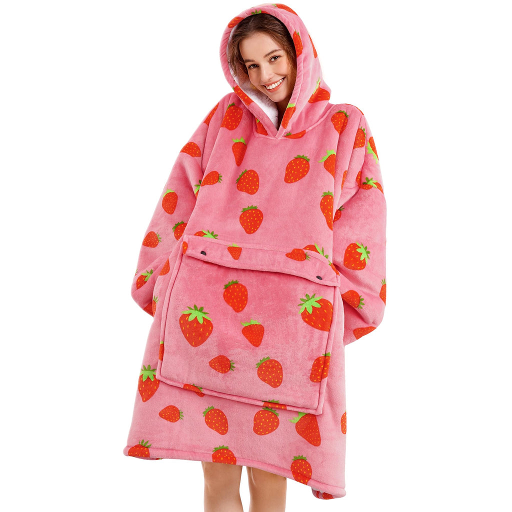 Narecte Oversized Blanket Hoodie Wearable Blanket Sweatshirt for Women Adults Soft Hooded Blanket Warm Oversized Hoodie Blanket Birthday Gifts for Women Christmas Gift for Friends Female Strawberry