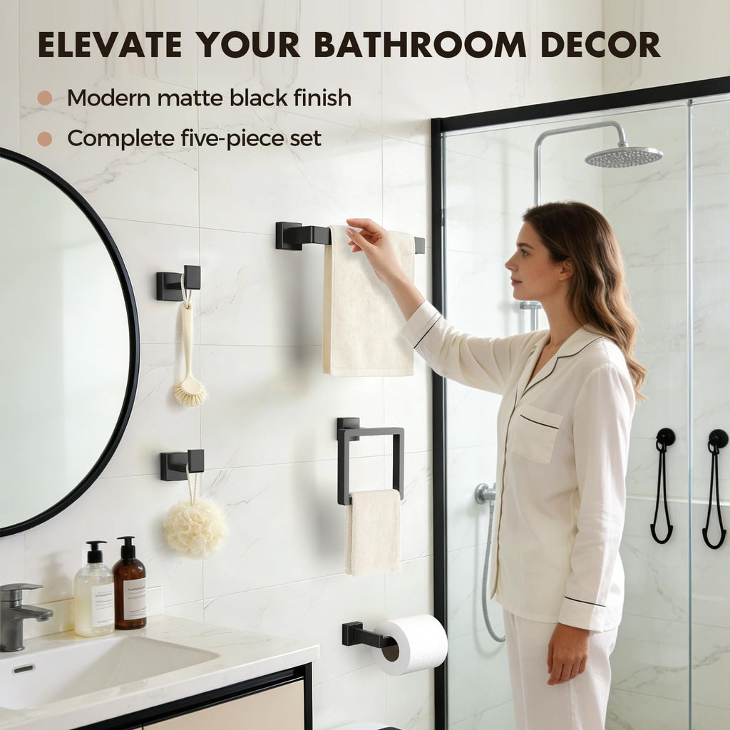 5-Pieces Matte Black Bathroom Accessories Set, 16 Inch Bath Towel Bar Set