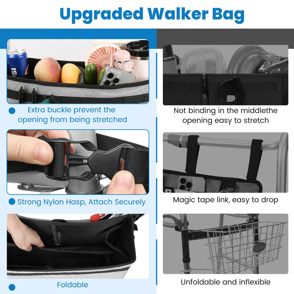 ZHCHG Walker Basket for Seniors, Walker Accessories, Folding Walker Bag with Large Capacity & Never Tipping Over, Best Gift- Gray (Not Fit Rollator Walkers)