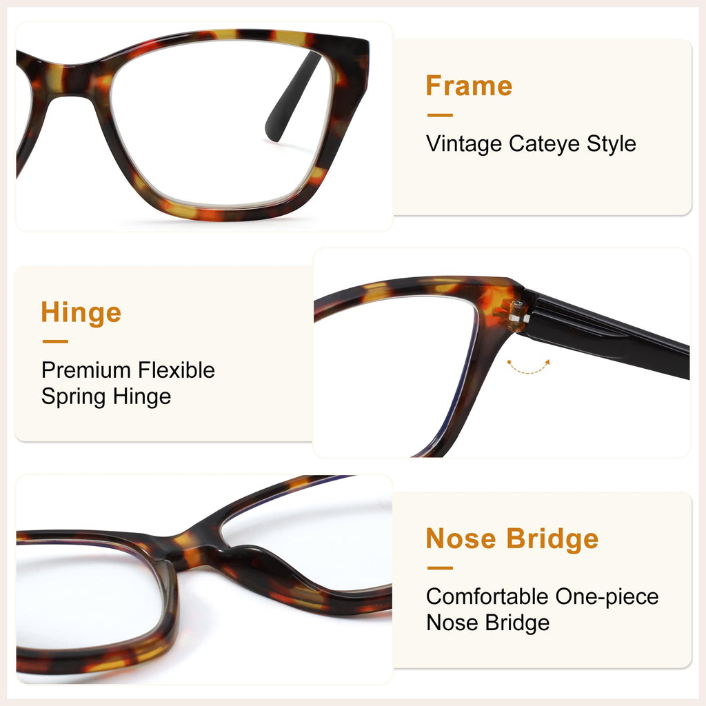 Madison Avenue 2 Pack Cateye Blue Light Blocking Reading Glasses for Women Spring Hinge, Vintage Computer Readers Eyeglasses Demi Brown +1.5