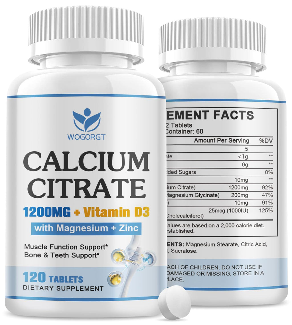 Calcium Citrate 1200mg Supplement with Vitamin D3 for Women and Men - Calcium Magnesium Zinc D3 Supplement for Bone, Teeth, Immune Support, Vegan-Friendly - 120 Tablets (2 Pack)