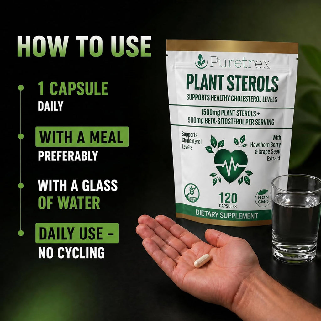 PURETREX Plant Sterols Complex with Beta-Sitosterol, CoQ10, Hawthorn Berry & Grape Seed Extract, 120 Vegan Capsules, Cardiovascular Wellness & Cholesterol Balance Daily Support, Non-GMO, UK Made