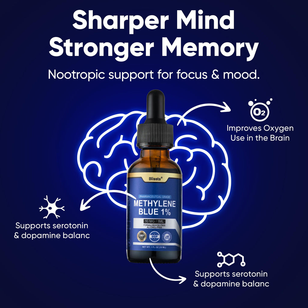 Blissta USP Pharmaceutical Grade Methylene Blue 1% Solution – Third-Party Lab Tested, Formaldehyde-Free, Heavy Metal Free –Nootropic - Cognitive Support, Brain Health, Energy & Focus Drops – 30ml