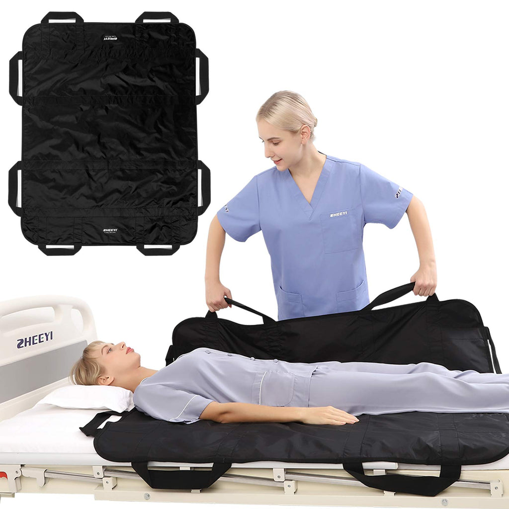 Bed Positioning Pad with Reinforced Handles 48" x 40" Lifting Turning Patient Sheet Transfer Blanket for Caregiver, Bedridden, Elderly, Black