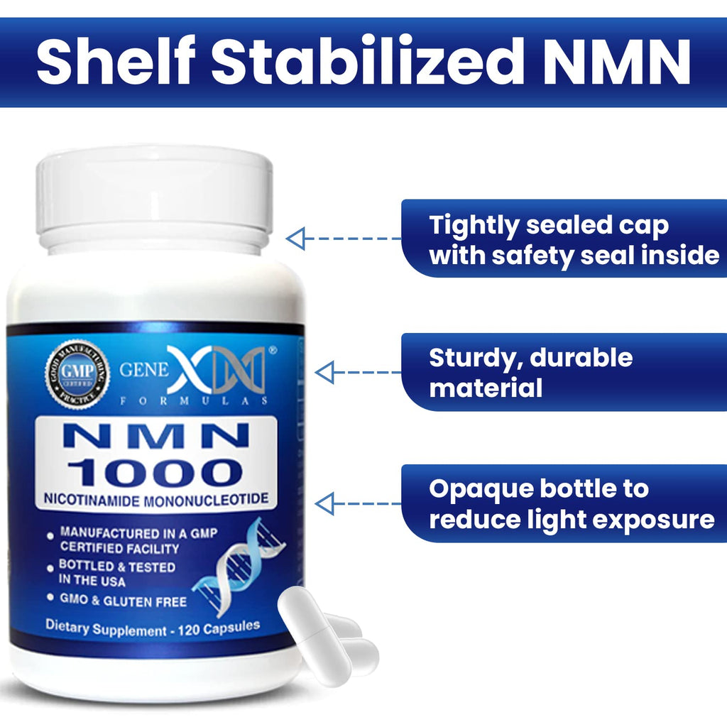 Genex Formulas NMN 1000mg - 99% Pure Shelf Stabilized Supplement Capsules for Increased NAD Levels & Healthy Aging, GMP Certified, 1000mg per Serving, 120 Capsules