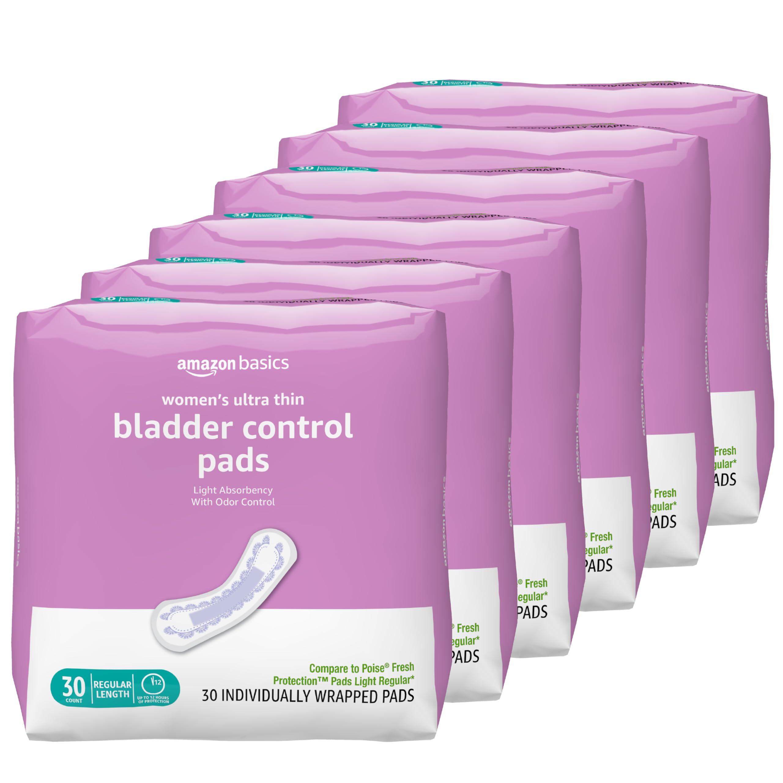 Amazon Basics Women's Incontinence Pads, Bladder Control & Postpartum, Light Absorbency, Unscented, 180 Count , (6 Packs of 30)