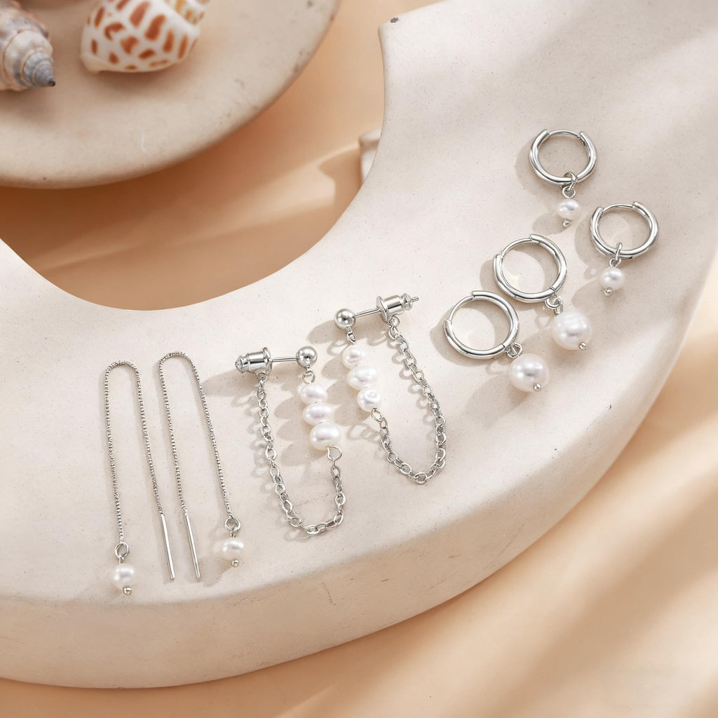 Moodear Silver Earrings for Women, 925 Silver Pearl Earring Stacks Jewelry