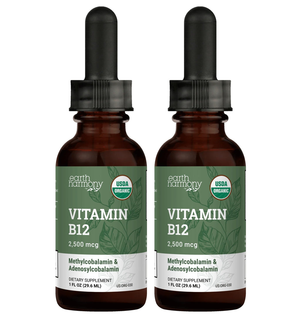 USDA Organic Vitamin B12 2000mcg Sublingual Liquid Supplement (2-Pack) - Vegan Methylcobalamin Drops for Natural Energy, Maintain Metabolism, and Immune System Support - 1 Fl Oz