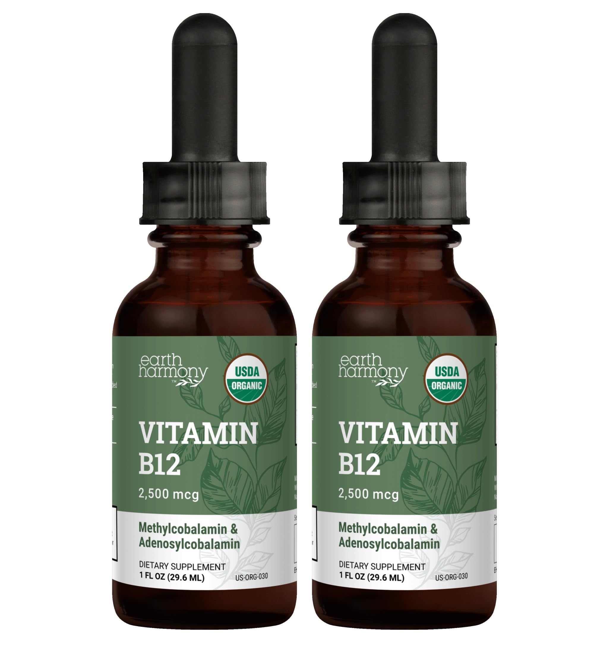 USDA Organic Vitamin B12 2000mcg Sublingual Liquid Supplement (2-Pack) - Vegan Methylcobalamin Drops for Natural Energy, Maintain Metabolism, and Immune System Support - 1 Fl Oz