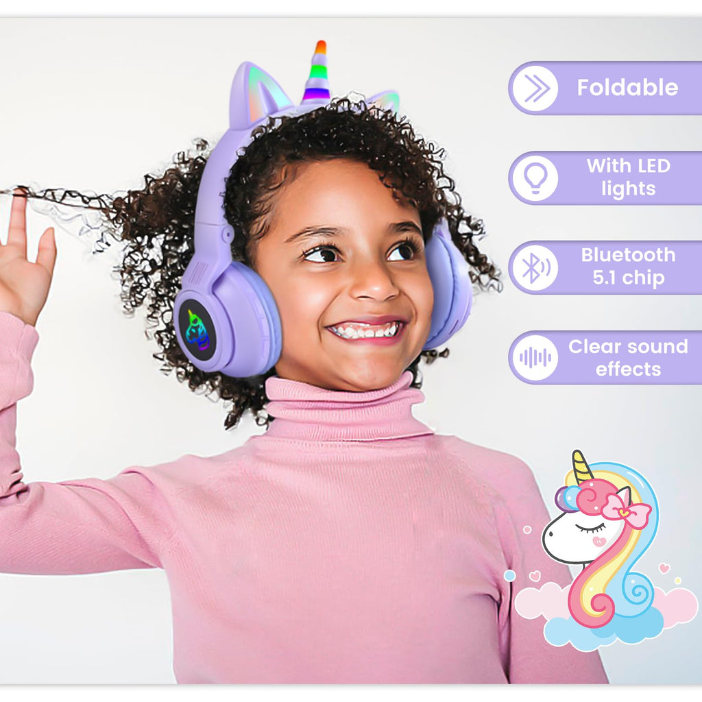 Unicorn Kids' Bluetooth Headphones,Foldable Wireless Headphones for Children with Cable and Microphone Earphones Volume Control,Unicorn-Inspired Gift Design for Birthday Gift & Christmas (purple)