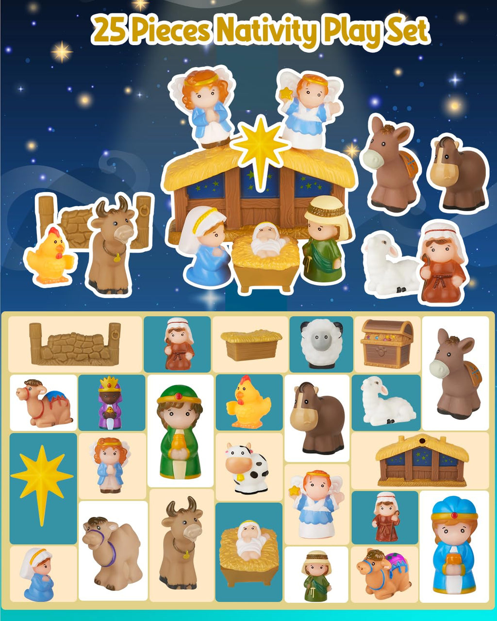 COOLTUNE Nativity Set for Kids – 25 Piece Christmas Nativity Playset with Figures, Soft Rubber Jesus Story Play Toys for Toddlers, Children, Baby Girls Boys Ages 1 2 3 4 5 6+ at Home & Sunday School