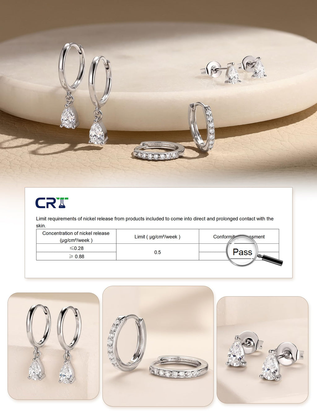 3 Pairs 925 Sterling Silver Hoop Earrings, White CZ