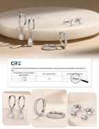 3 Pairs 925 Sterling Silver Hoop Earrings, White CZ