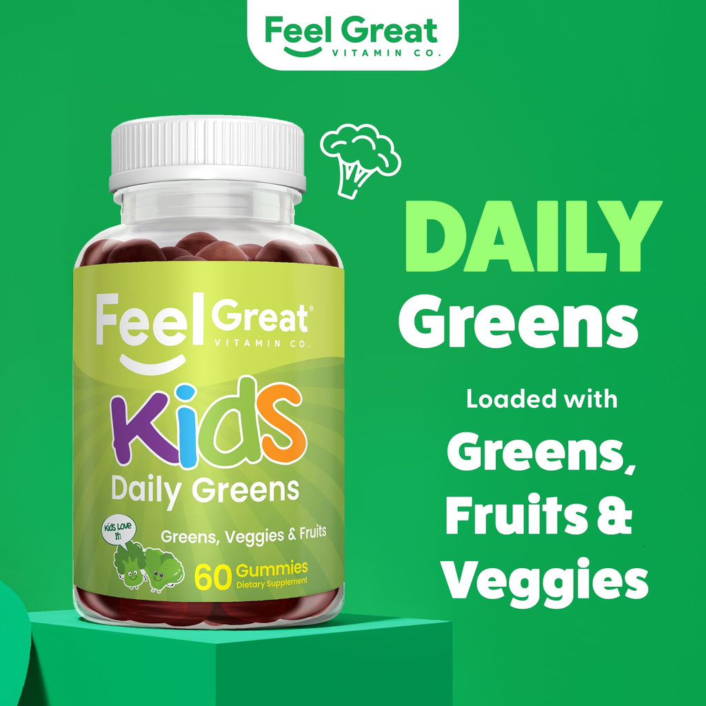 Feel Great Super Green Gummies for Kids | Fruit and Vegetable Gummies | Vegan Veggie Gummy Multivitamin for Kids | Veggie Fiber Supplement | 60 Count
