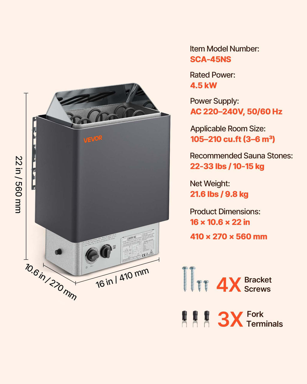 VEVOR Sauna Heater,220V Electric Sauna Stove, Steam Bath Sauna Heater 3h Timer and Adjustable Temp for Max. 176-318 Cubic Feet, (4.5KW) FCC Certification