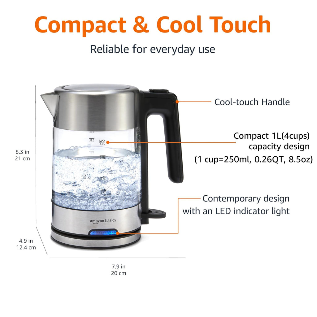 Amazon Basics Electric Kettle with Glass Carafe for Tea and Coffee, Fast Boiling, Auto Shut-Off, Boil-Dry Protection, Temperature Control, Removable Filter, 1 Liter, 1500W, BPA-Free