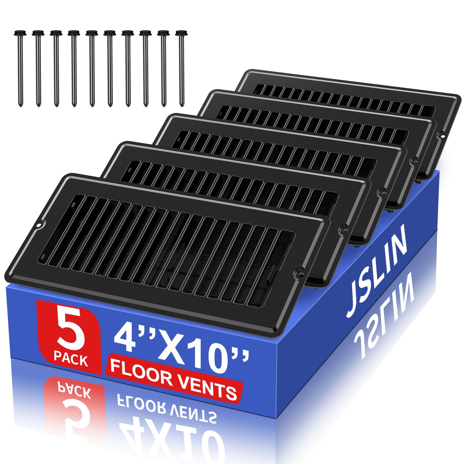 4x10 Floor Regsiter Vent Covers for Home Floor Wall Ceiling - Black with Screws for Easy Installation - Heavy Duty Steel Walkable Finish for Quiet Adjustable Air Vent Cover 4‘’ x 10‘’- 5 Pack