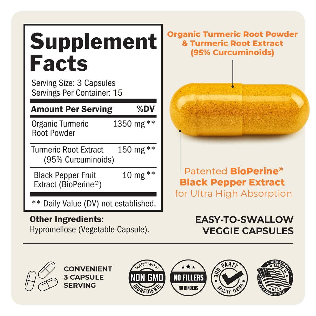 Turmeric Curcumin with Black Pepper Extract 1500mg - High Absorption Ultra Potent Turmeric Supplement with 95% Curcuminoids and BioPerine - Non GMO Tumeric Capsules for Joint Support - 45 Capsules