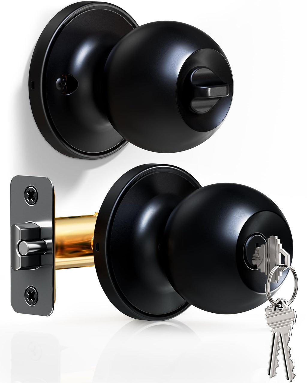 Veise Keyed Entry Door Knob, Bedroom Door Lock with Keys, Heavy-Duty Rust-Proof Construction, Door Handle for Exterior Interior Security, Easy to Install, Matte Black