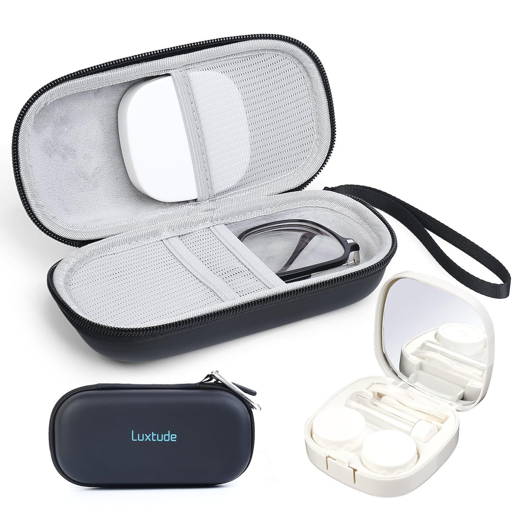Luxtude Contact Lens Case, Glasses and Contact Case 2 in 1, Hard Shell Travel Contacts Cases with Mirror, Double Eyeglass Cases (Black)