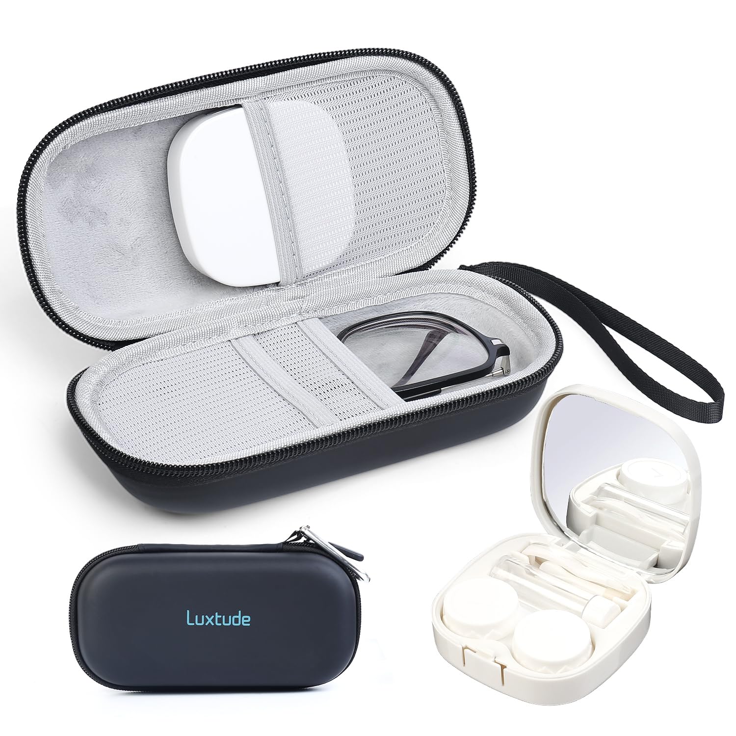 Luxtude Contact Lens Case, Glasses and Contact Case 2 in 1, Hard Shell Travel Contacts Cases with Mirror, Double Eyeglass Cases (Black)