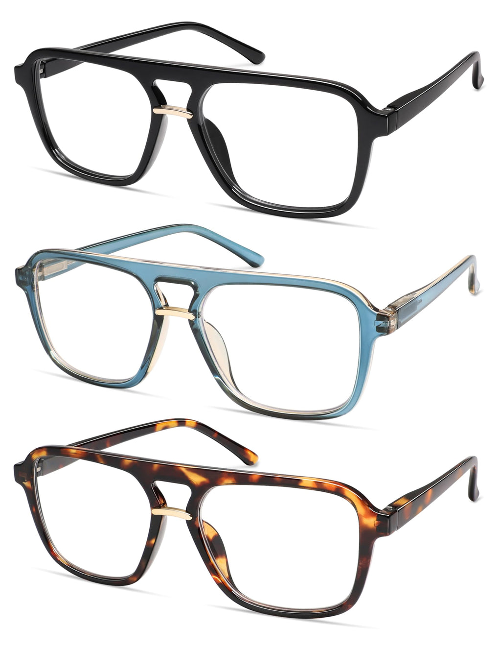 AMOMOMA 3 Pack Trendy Aviator Reading Glasses for Women Men Stylish Square Blue Light Blocking Readers AM6164 Mix (+1.50 Magnification Strength)