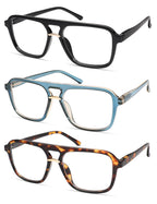 AMOMOMA 3 Pack Trendy Aviator Reading Glasses for Women Men Stylish Square Blue Light Blocking Readers AM6164 Mix (+1.50 Magnification Strength)