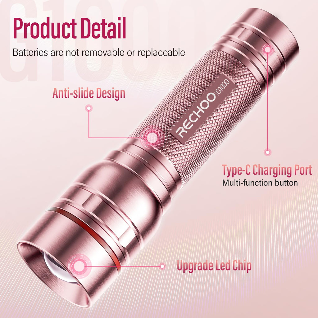 Rechargeable Flashlights High Lumens, G1000 Super Bright Flash Light 2 Pack, Small Zoomable LED Flashlight with 3 Lighting Modes, Portable Flashlights for Camping Essentials, Gift for Women (Pink)