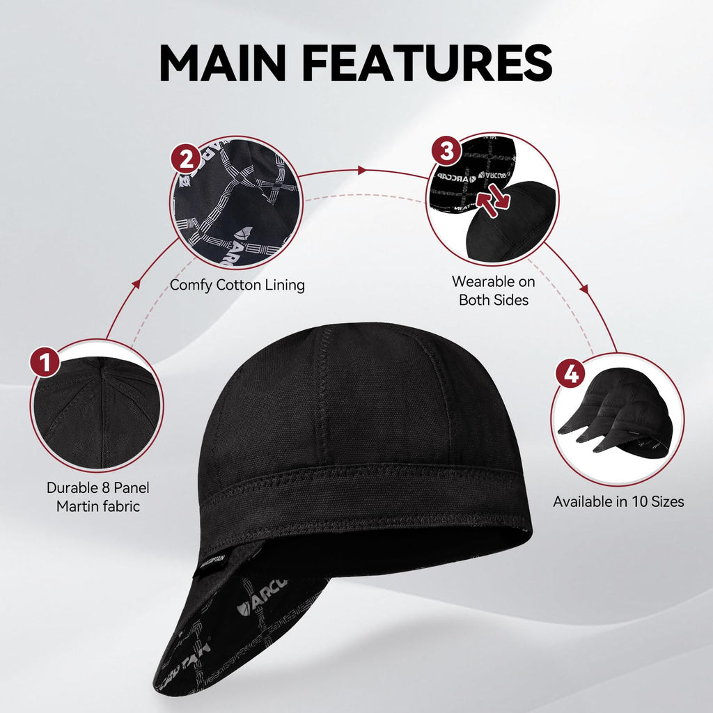 ARCCAPTAIN Reversible Welding Cap, 8 Panel Protective Welders Cap, 10 oz Fireproof Cotton Comforts for Safety and Protection While Welding to Men Women, Black, 7 1/4
