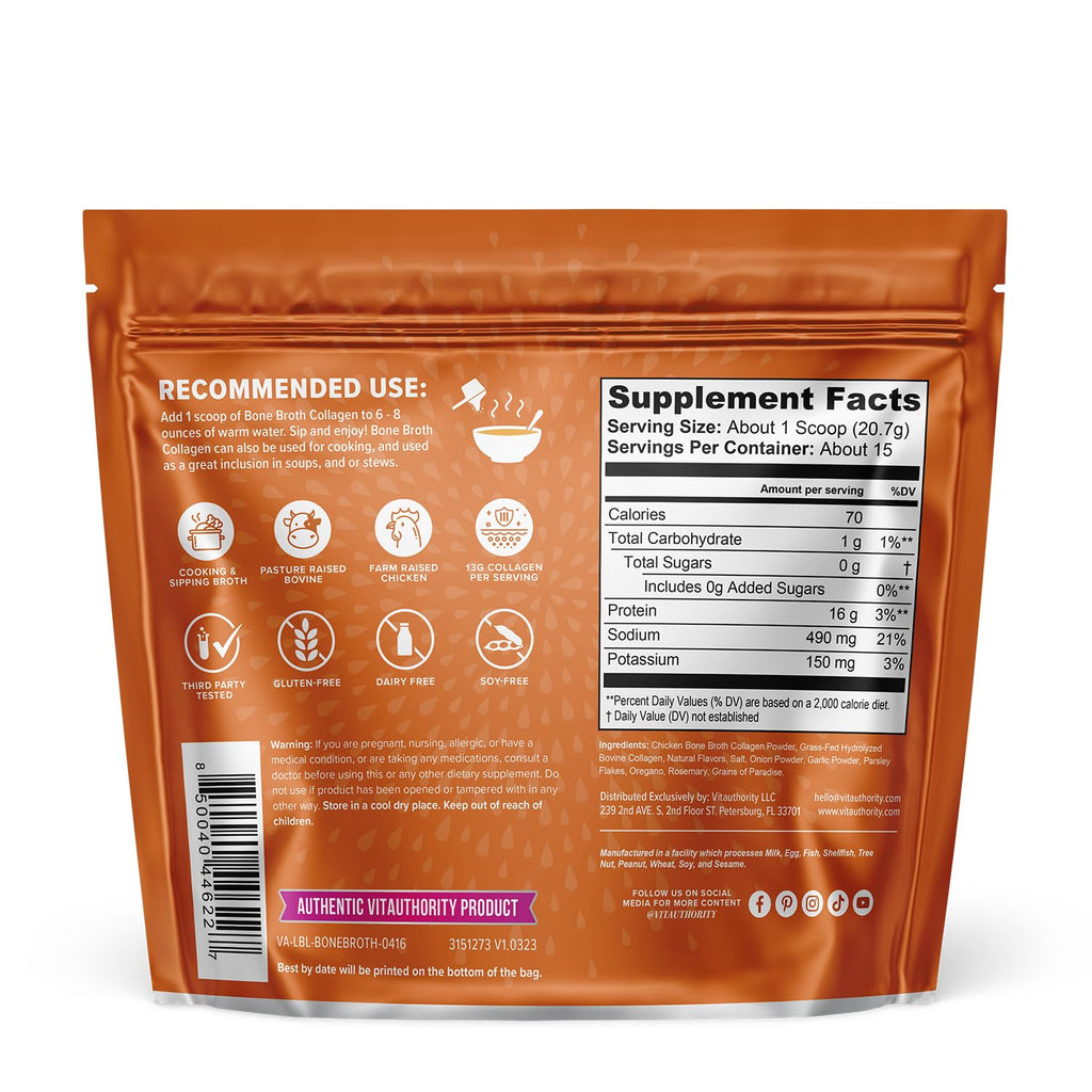 Vitauthority Bone Broth Collagen Delicious Chicken Noodle Flavored - Packed with 16g of Protein & Types I, II, III - Nourishes Skin, Hair, Nails, Joints, & Gut - Beef BoneBroth