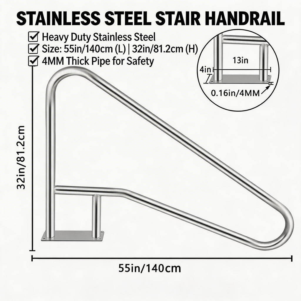 Garvee Pool Handrail 55"x32", Pool Railings for Inground Pools, Safety Handrails 375lbs Load Capacity, 304 Stainless Steel Stair Rail with Grip Cover